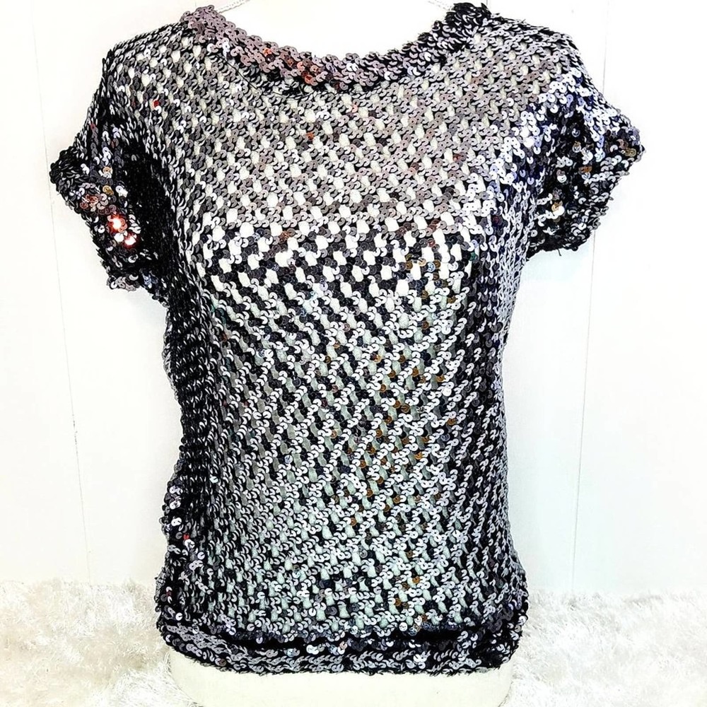 Vintage Silver Sequins Mesh Top by Toppettes  L